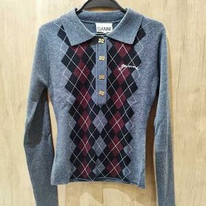 Ganni Gray and Burgundy Argyle Sweater
